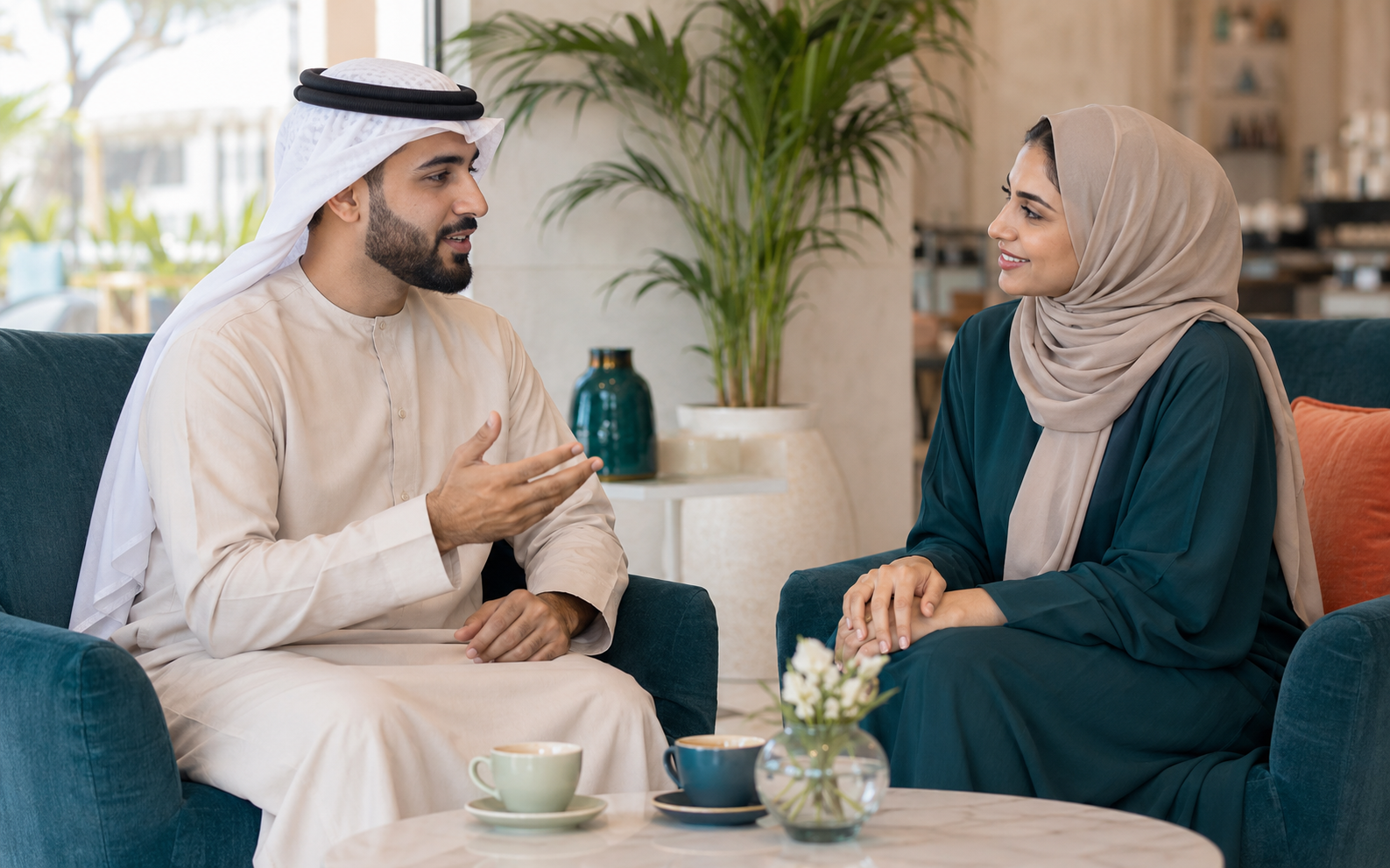 Two Arab adults having a relaxed English conversation in a welcoming lounge