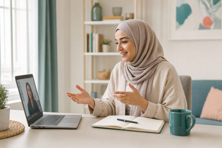 Arabic-speaking learner practising English conversation with confidence